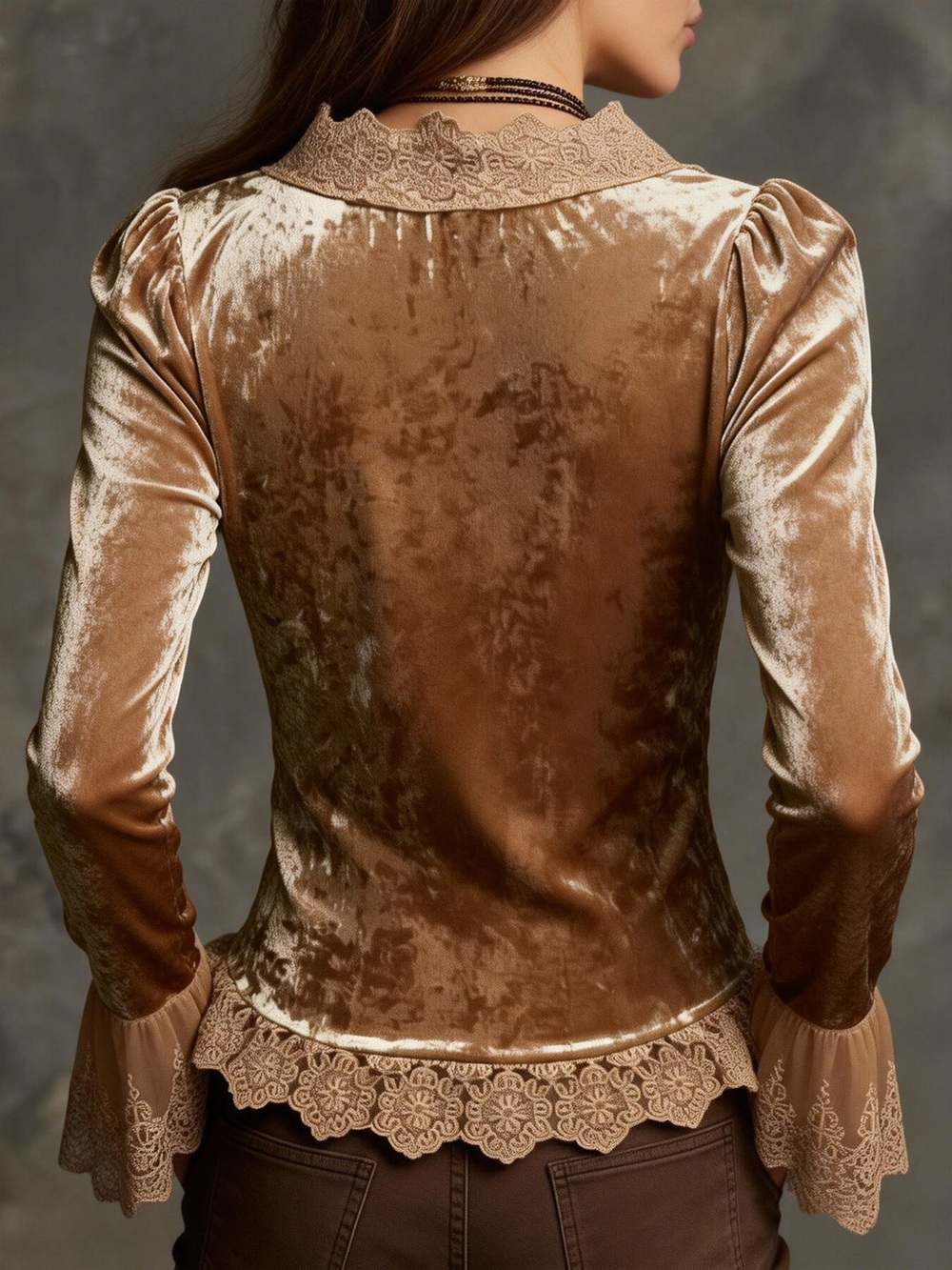 Lace Trim Ruched V-Neck Top - Picture 2 of 4